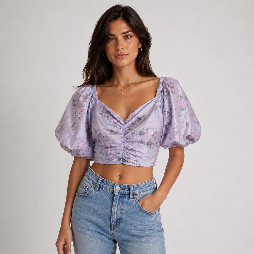 Express Floral Puff Sleeve Taffeta Crop Top Lavender Ruched Medium NWT